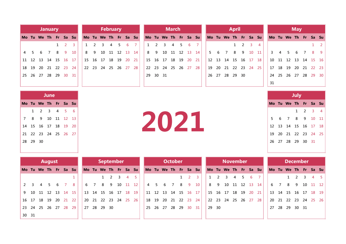2021年日历 A3横向 英文版 无农历 无周数 周一开始